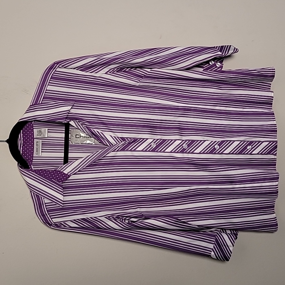 Chico's Variegated Stripe Olissa 3/4 Shirt in White Huckleberry Sz 2 Office Work